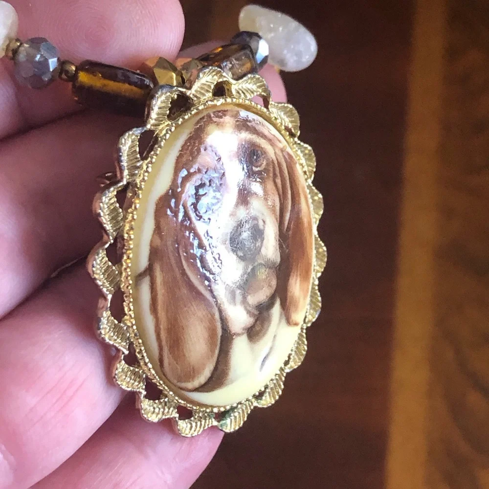 Handcrafted hound dog cameo natural stone bulls eye citrine necklace